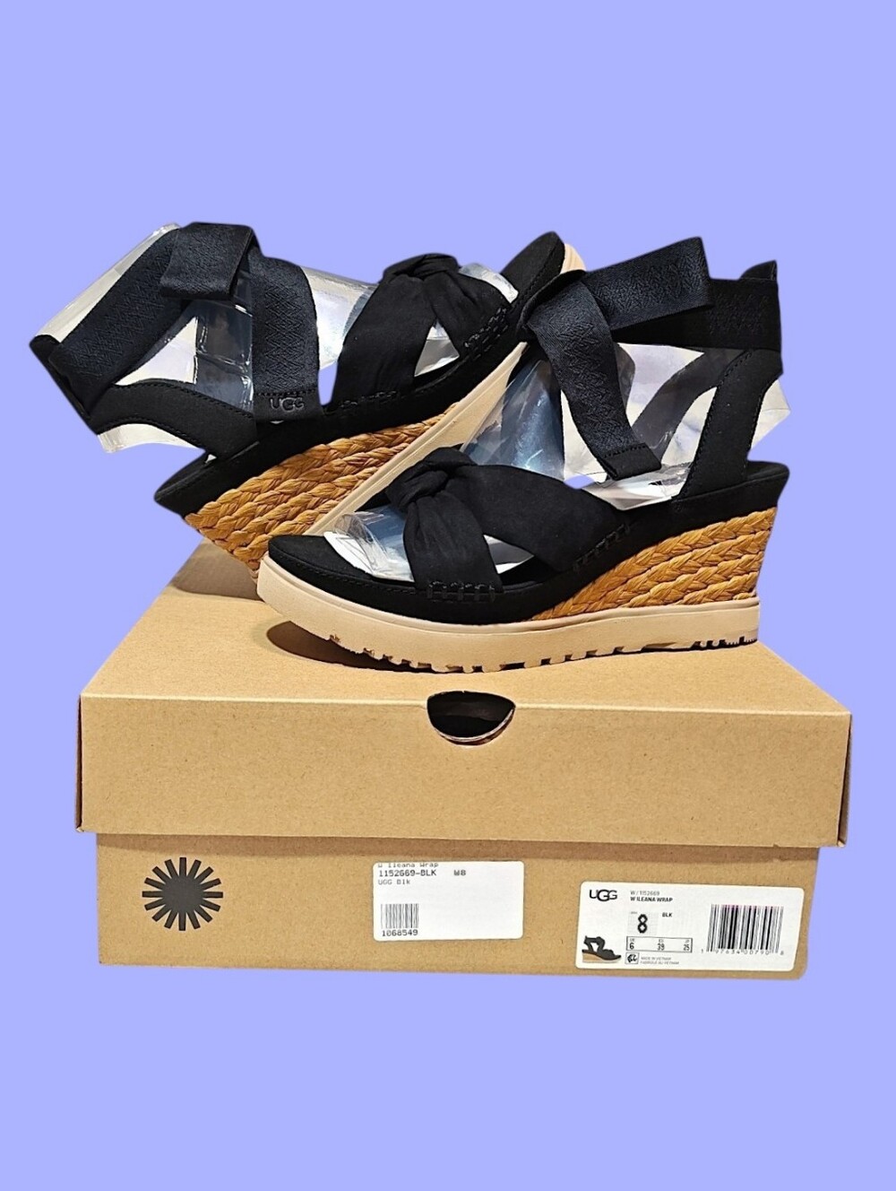 🚺 8 US — UGG Ileana Wrap Espadrille Wedge Sandals [BLACK] 1152669